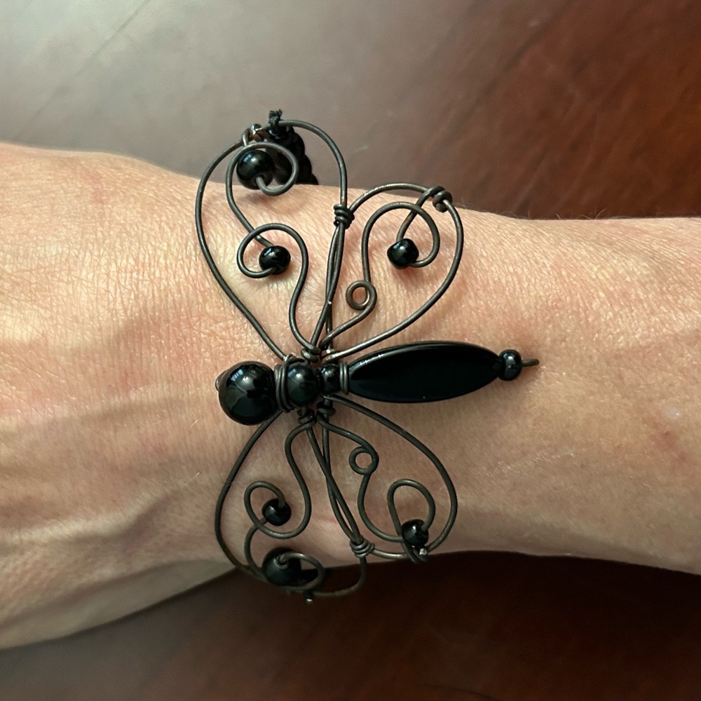 Antique Silver and Black Bead Handmade Butterfly Bracelet